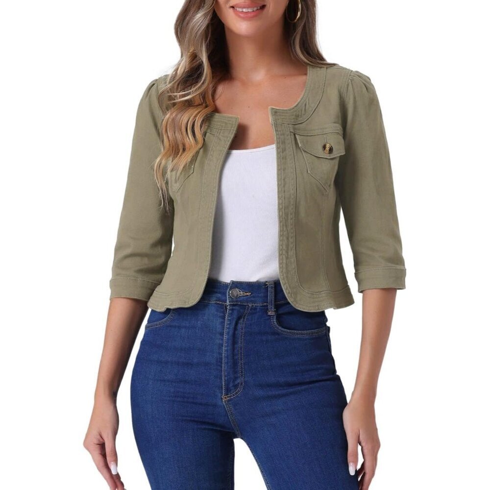 Women's Jean Jacket Slim Fit Casual Denim Jacket 3/4 Sleeves Outwear Field Grey
